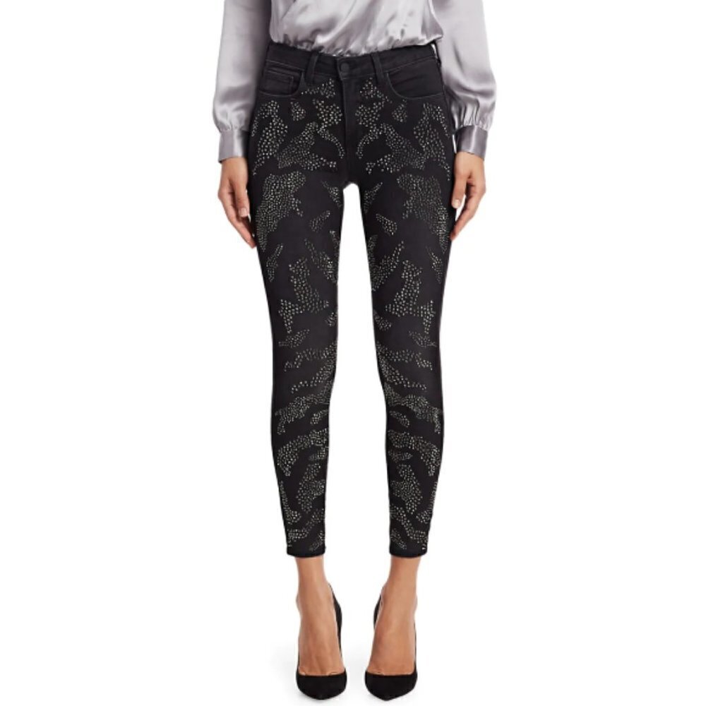 L'AGENCE Margot High-Rise Leopard-Crystal Skinny Jeans, Dark Graphite